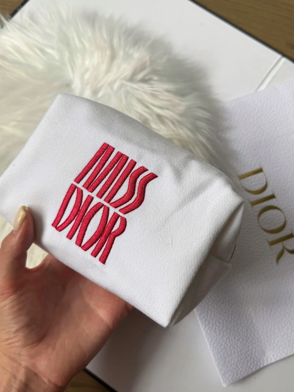 Miss Dior White Canvas Pouch with Pink 'Miss Dior' Embroidery New